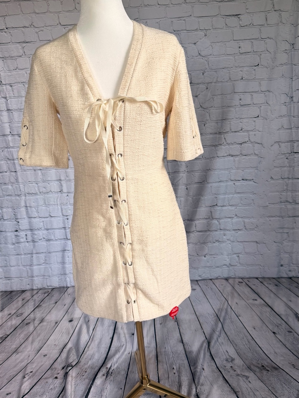 Maje Cream Lace-Up Knit Midi Dress